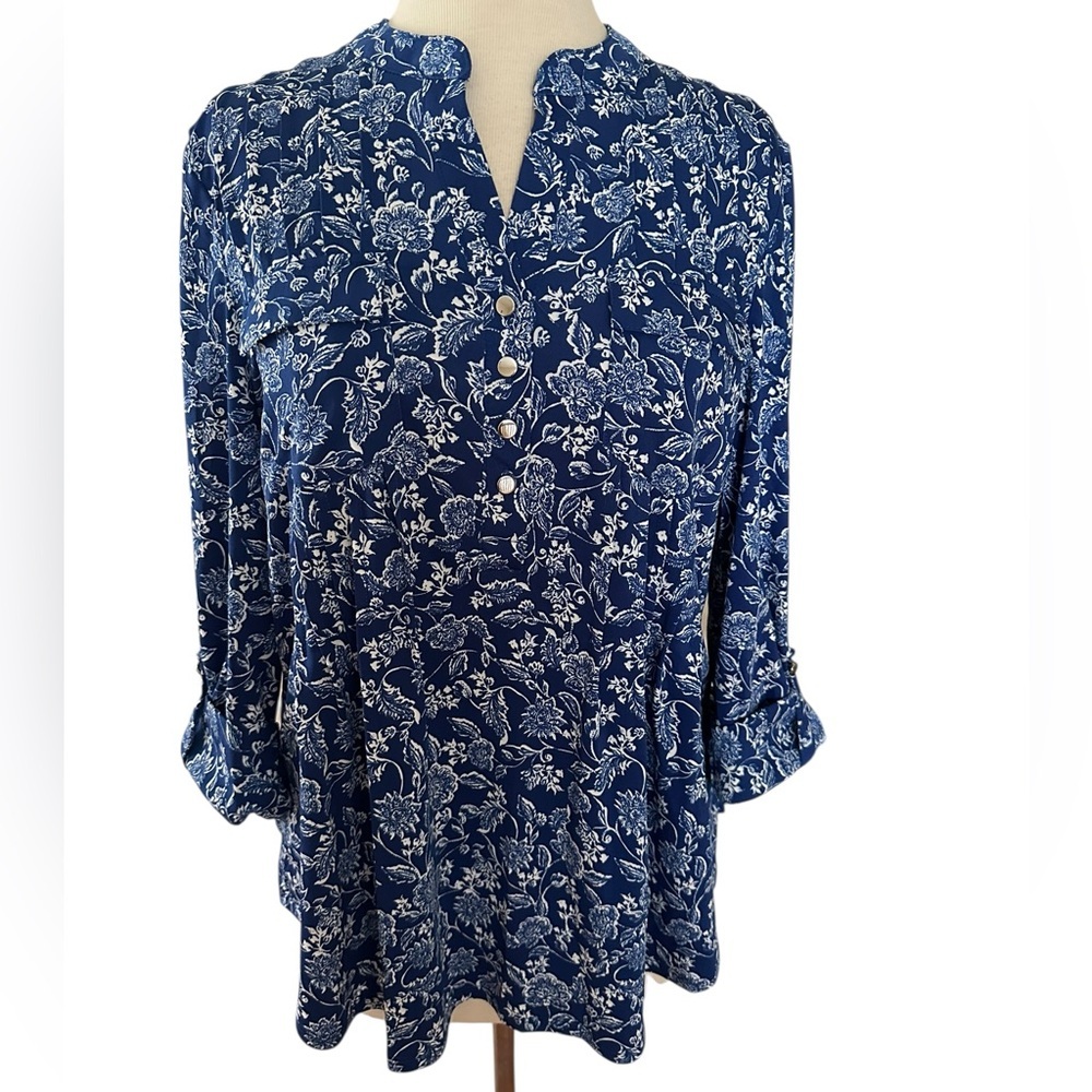 COCOMO Large Blue White Floral 3/4 Sleeve women’s Pintuck Blouse top sh…